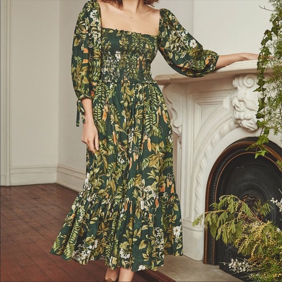 Cara Cara Dresses & Skirts - Cara Cara Jazzy Green Floral Tropical Smocked Midi Dress Size Small